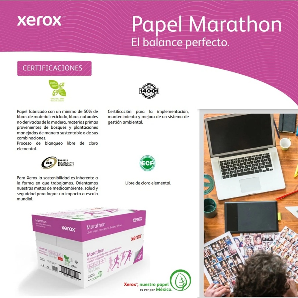 Papel Bond Xerox Marathon Carta 70 g/m² 99% de Blancura Caja con 10 Paquetes de 500 Hojas c/u