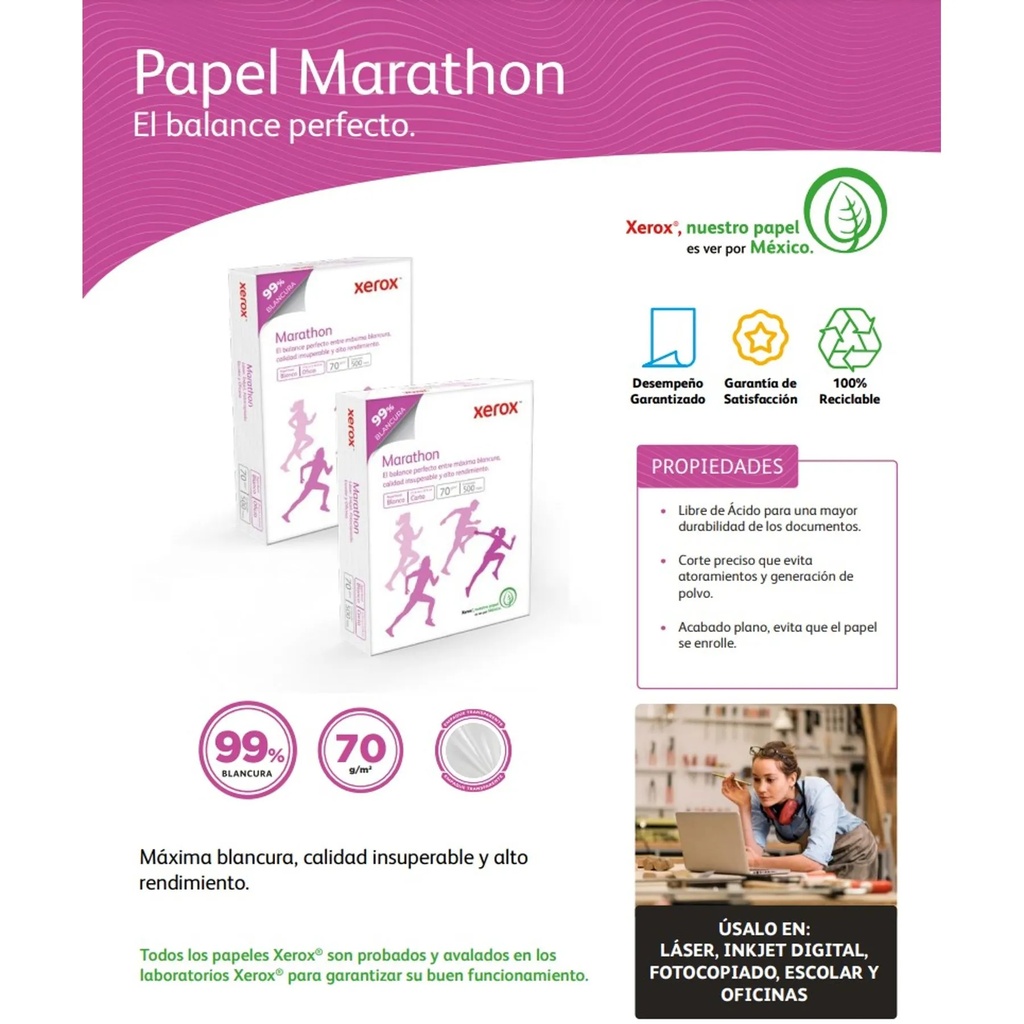 Papel Bond Xerox Marathon Carta 70 g/m² 99% de Blancura Caja con 10 Paquetes de 500 Hojas c/u