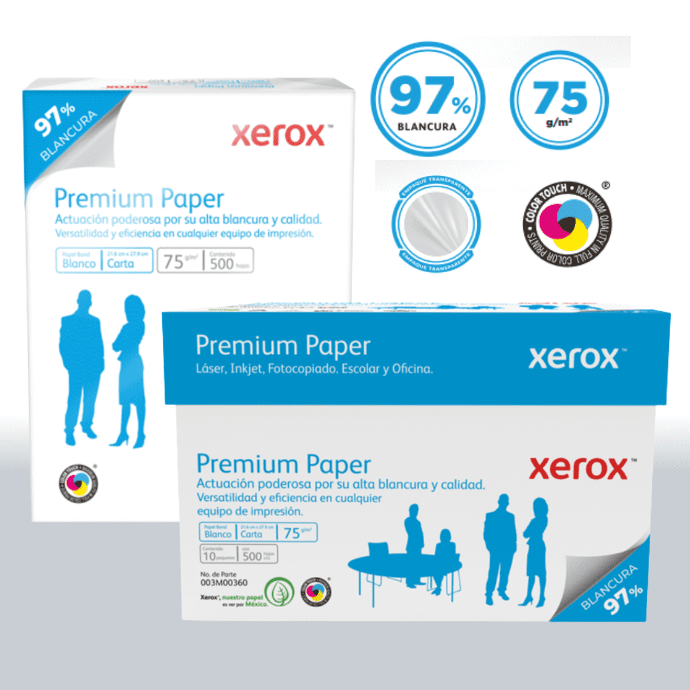 Papel Bond Xerox Premium Carta 75 g/m²  97% de Blancura Caja con 10 Paquetes de 500 Hojas c/u